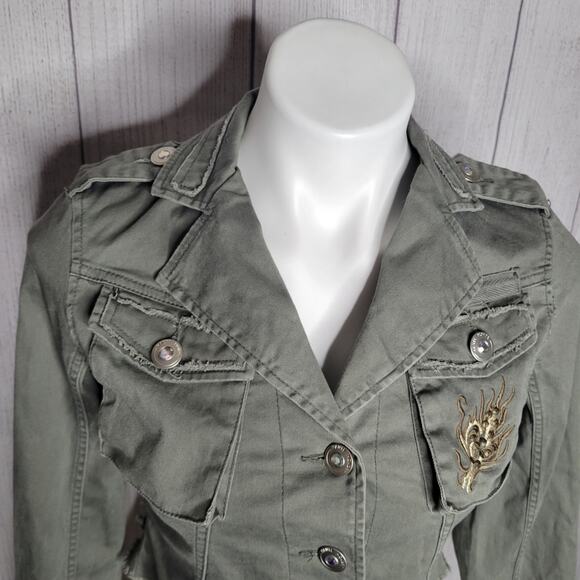 Haute Monde Raw Hem Dragon Embroidered Green Fringe Denim Jacket Womens Small - Picture 2 of 10